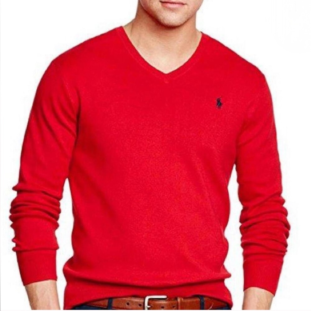 Ralph Lauren Red 100% Pima Cotton V-Neck Pullover Sweater